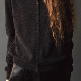 Mijeong Park Mock Neck Cardigan Charcoal front detail showing button front and open mock collar