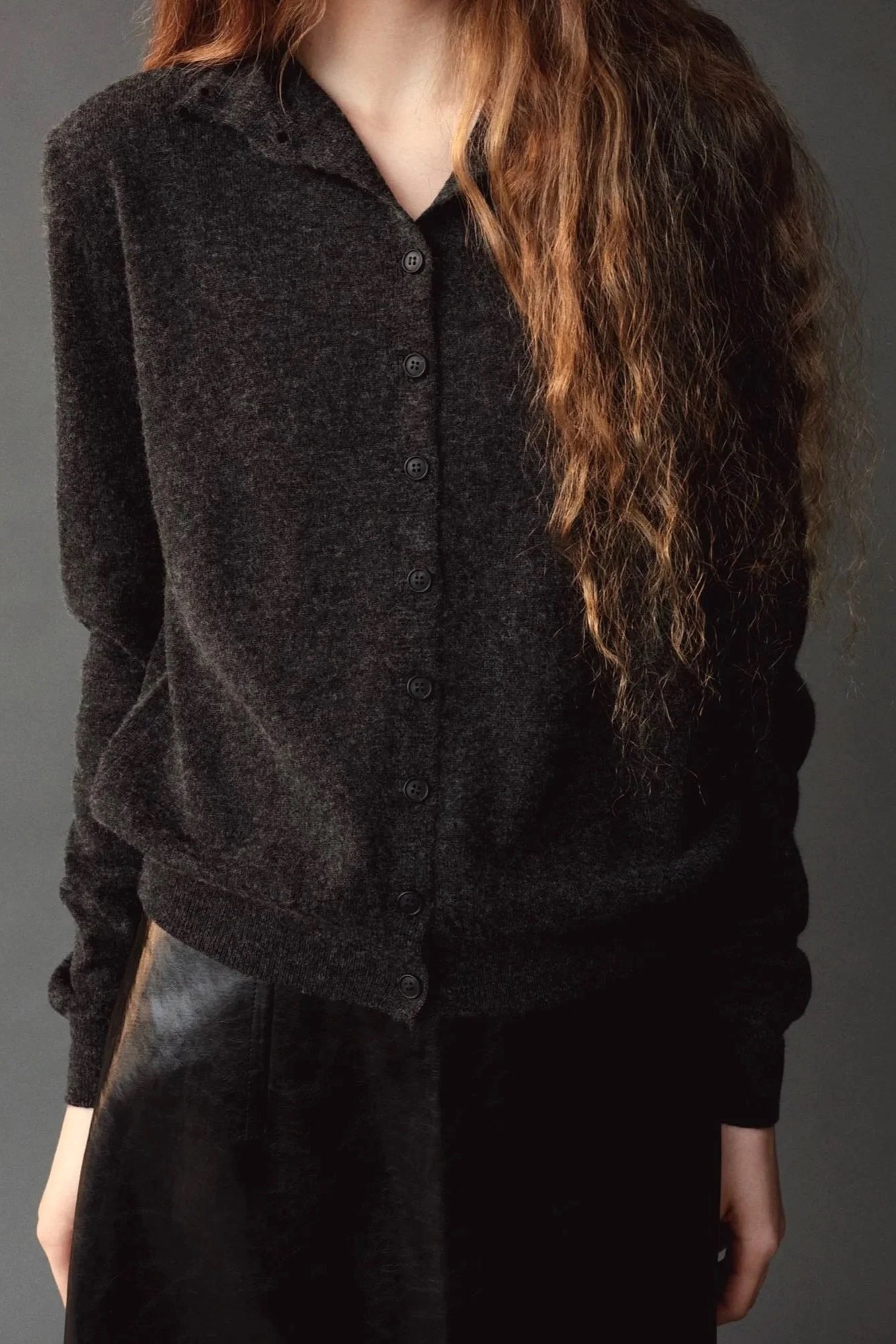 Mijeong Park Mock Neck Cardigan Charcoal front detail showing button front and open mock collar
