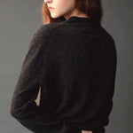 Mijeong Park Mock Neck Cardigan Charcoal back detail showing soft knit texture and relaxed fit