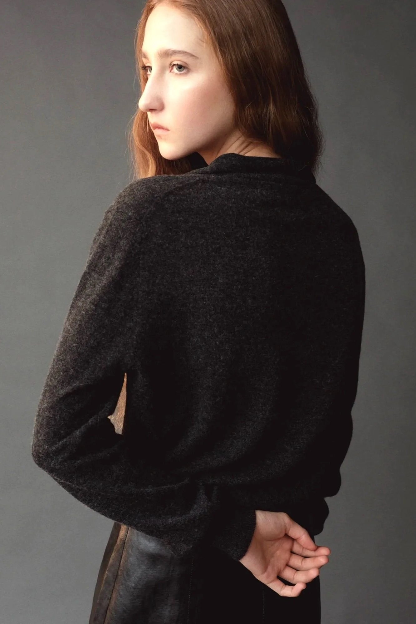Mijeong Park Mock Neck Cardigan Charcoal back detail showing soft knit texture and relaxed fit