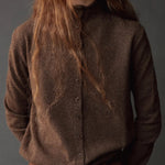 Mijeong Park Mock Neck Cardigan Dark Beige front detail showing button closure and mock neckline