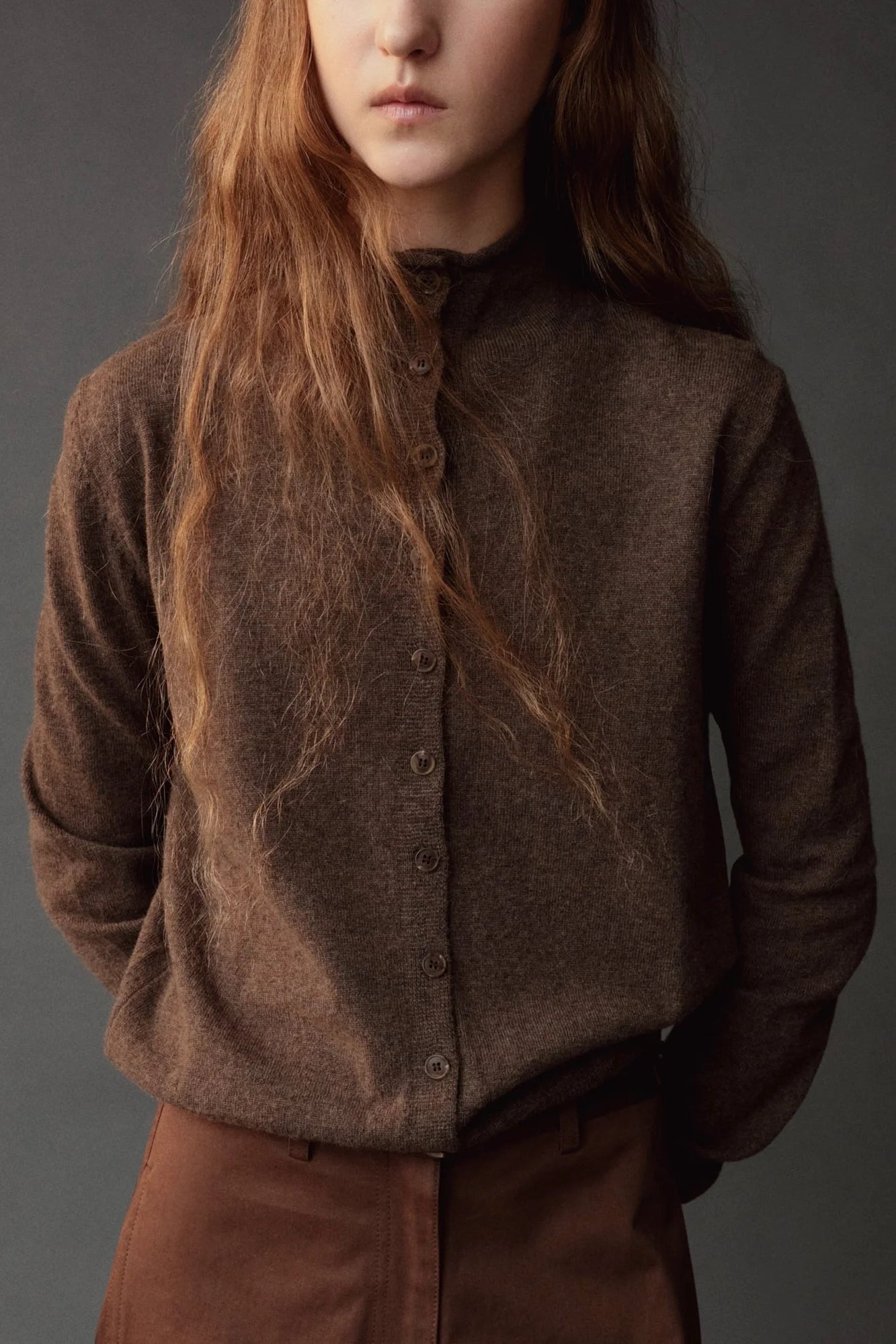 Mijeong Park Mock Neck Cardigan Dark Beige front detail showing button closure and mock neckline
