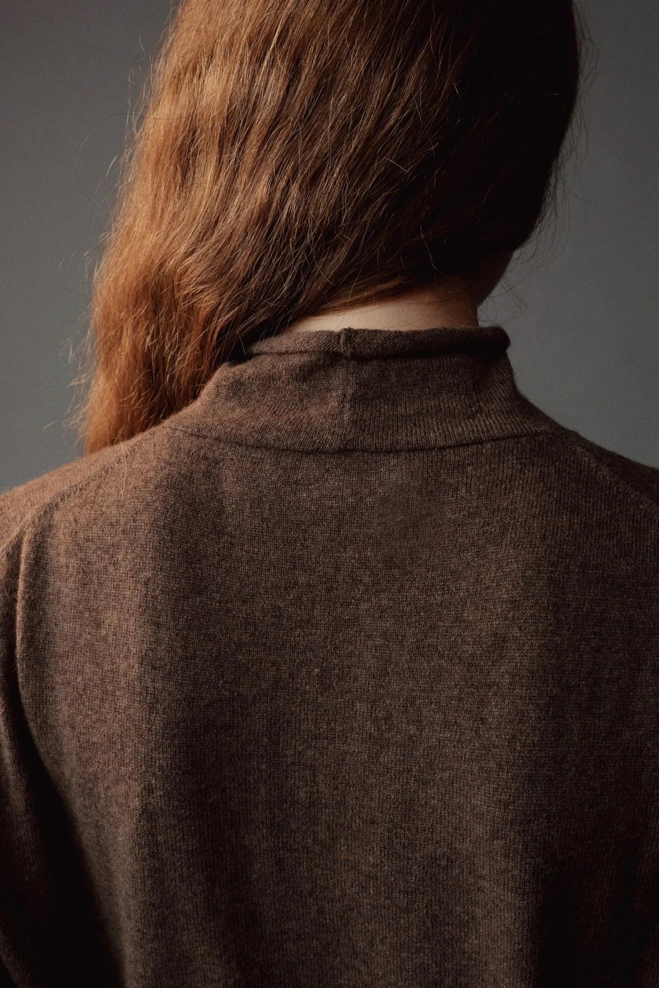 Mijeong Park Mock Neck Cardigan Dark Beige back detail showing soft knit texture and rolled neckline