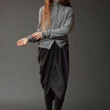 Mijeong Park Mock Neck Cardigan Gray full front view showing button closure and mock neckline