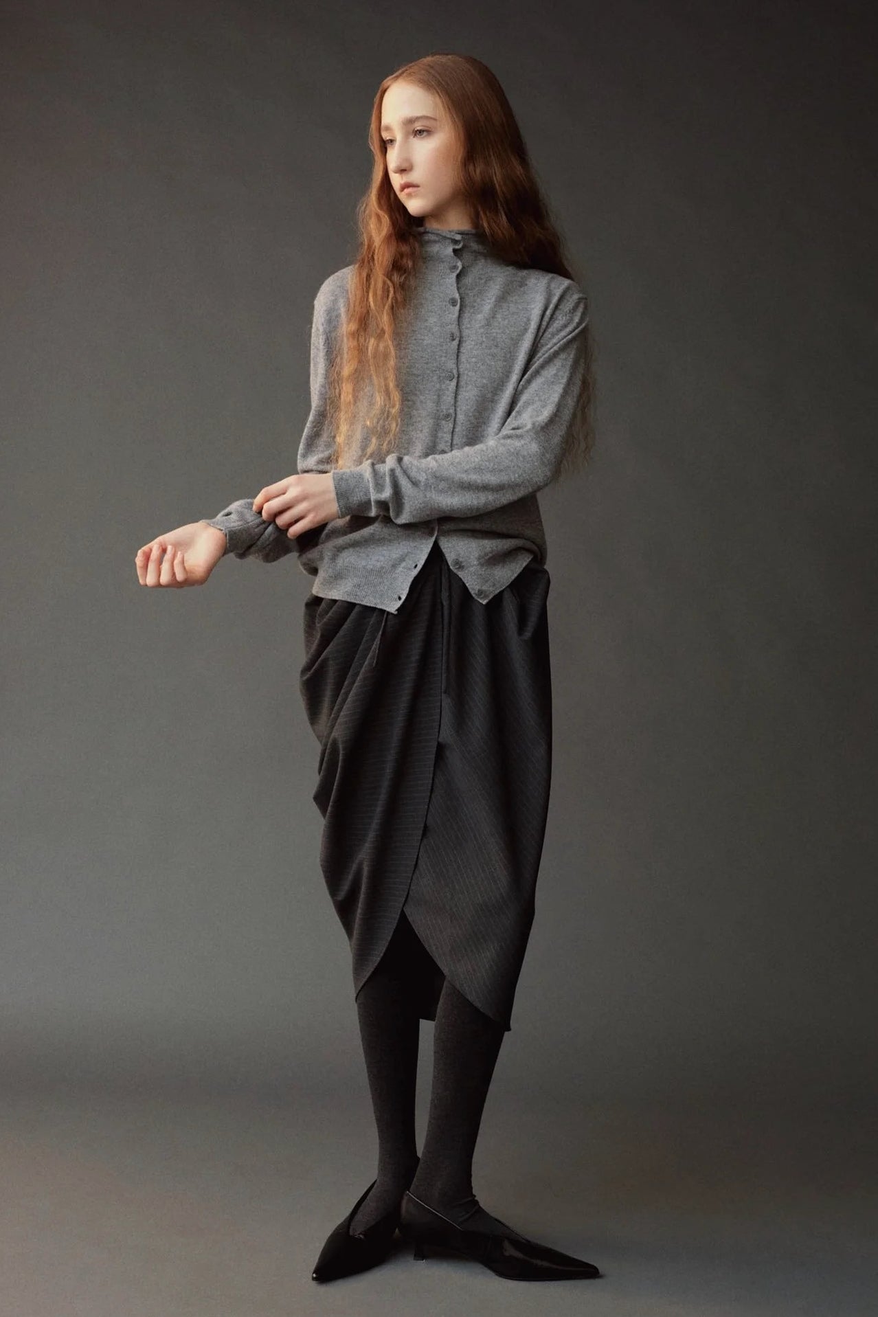 Mijeong Park Mock Neck Cardigan Gray full front view showing button closure and mock neckline