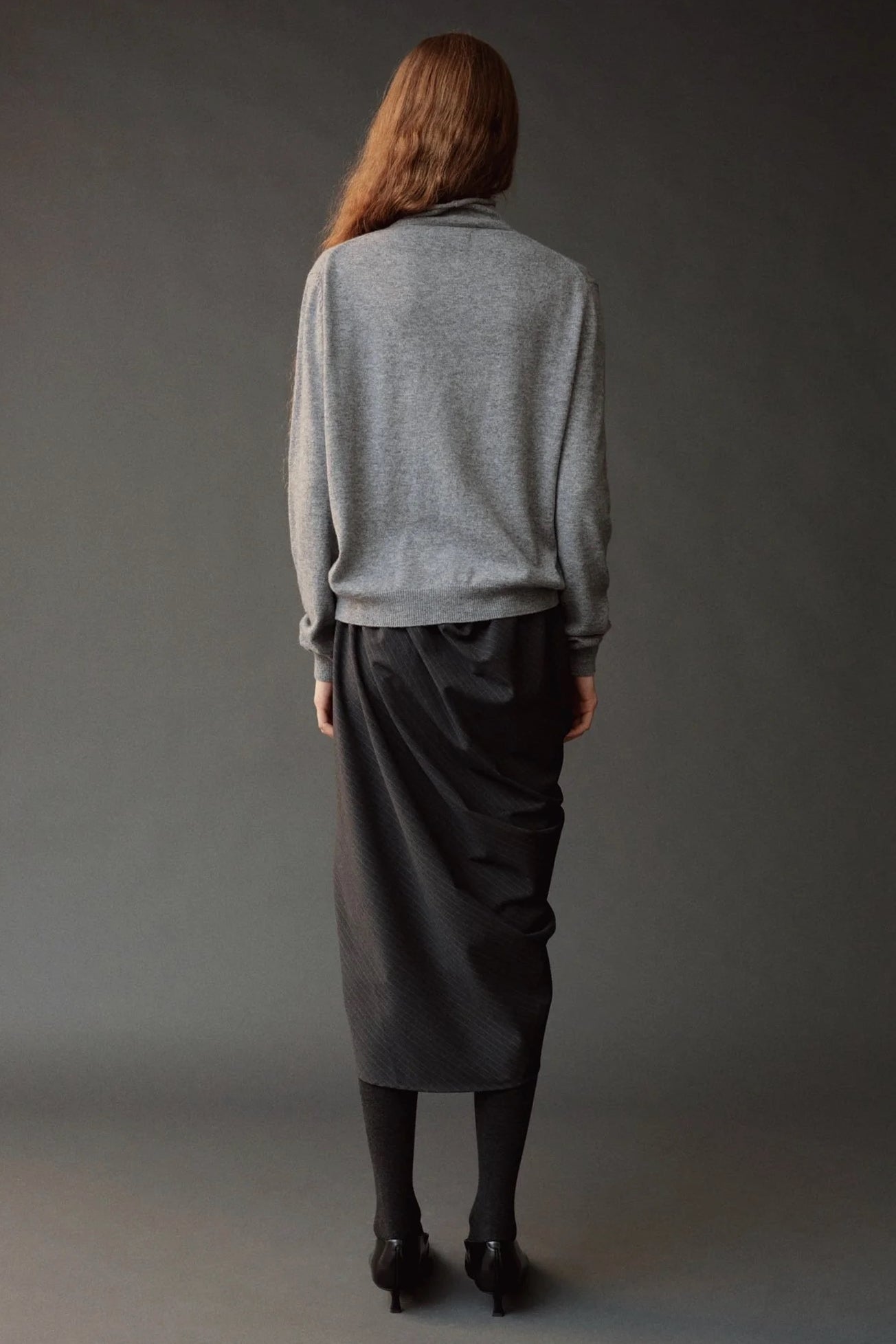 Mijeong Park Mock Neck Cardigan Gray full back view showing straight silhouette and ribbed hem