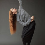 Mijeong Park Mock Neck Cardigan Gray styled side view showing relaxed fit and long sleeves