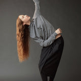 Mijeong Park Mock Neck Cardigan Gray styled side view showing relaxed fit and long sleeves