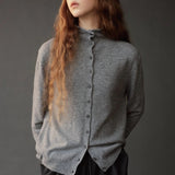 Mijeong Park Mock Neck Cardigan Gray front detail showing button front and softly rolled mock neck