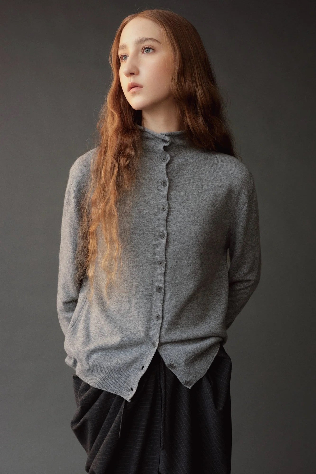 Mijeong Park Mock Neck Cardigan Gray front detail showing button front and softly rolled mock neck