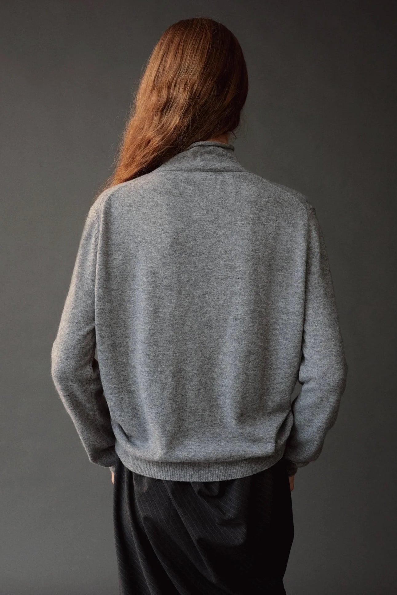 Mijeong Park Mock Neck Cardigan Gray back view showing relaxed fit and fine knit texture