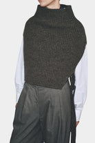 Side view ribbed wool blend neck warmer with adjustable tie detail