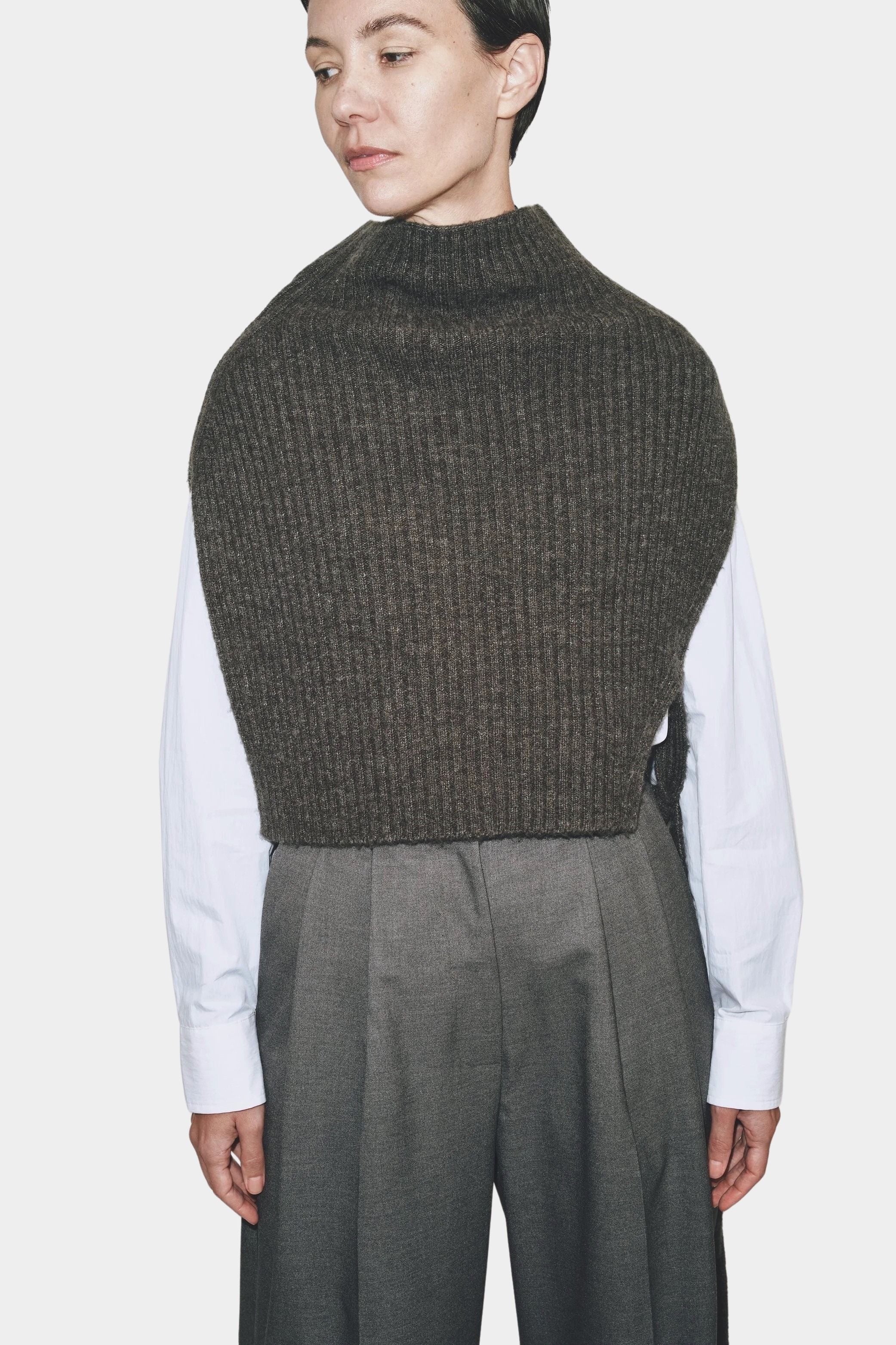 Front view structured ribbed knit neck warmer by Mijeong Park