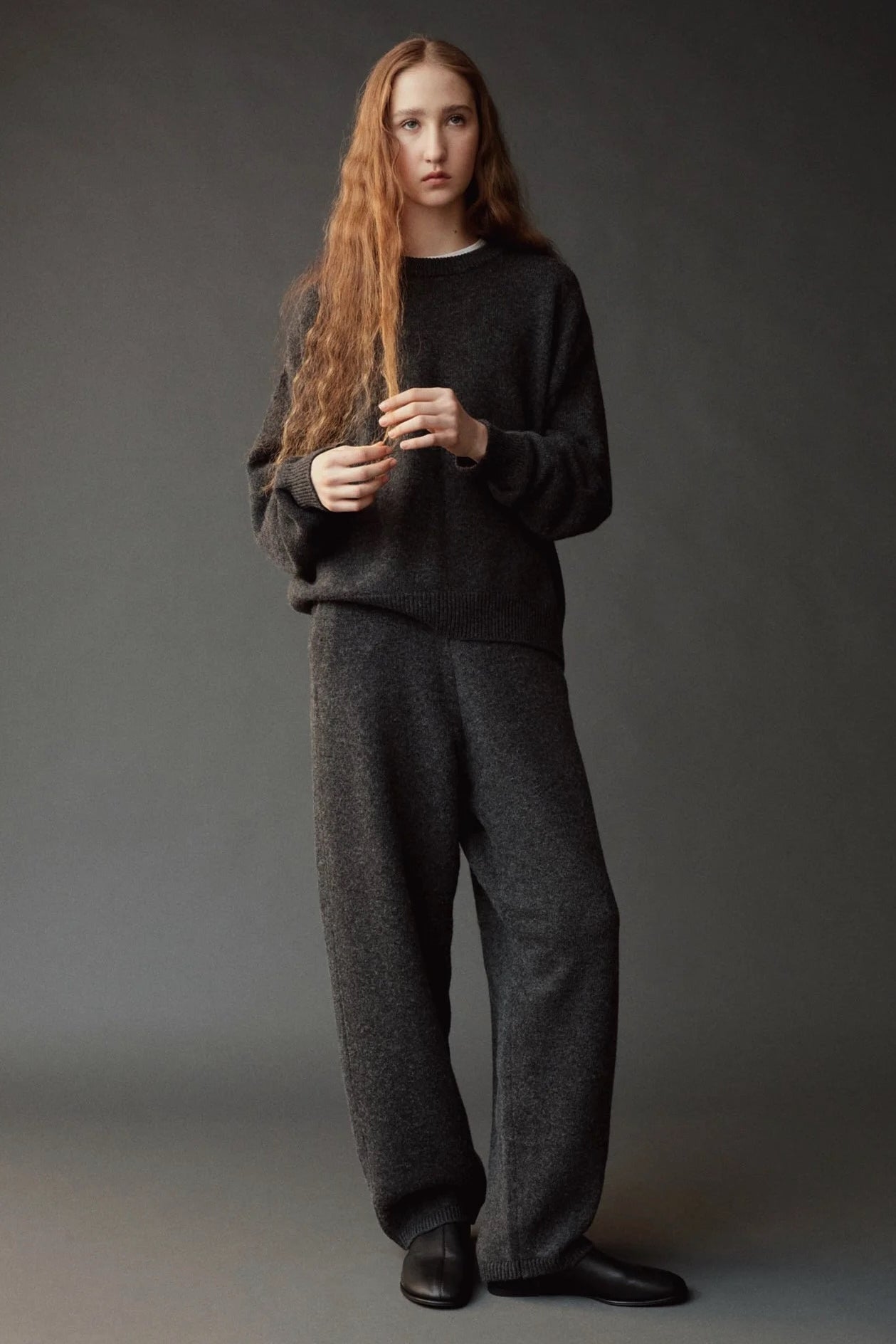 Mijeong Park Oversized Crewneck Sweater Charcoal full length look with matching knit pants