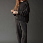 Mijeong Park Oversized Crewneck Sweater Charcoal styled with matching wide leg knit pants