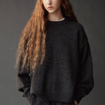 Mijeong Park Oversized Crewneck Sweater Charcoal front view with dropped shoulders and ribbed trim