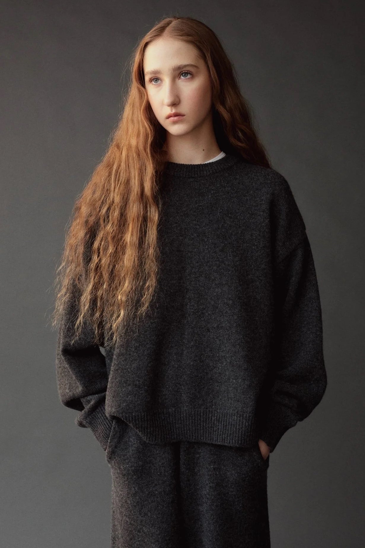 Mijeong Park Oversized Crewneck Sweater Charcoal front view with dropped shoulders and ribbed trim