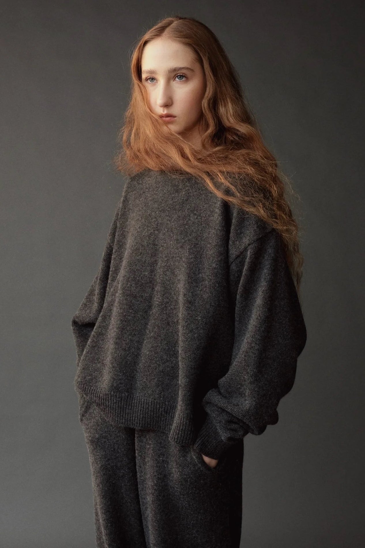 Mijeong Park Oversized Crewneck Sweater Charcoal relaxed fit styled with matching knit pants at YUCCA Denver