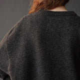 Mijeong Park Oversized Crewneck Sweater Charcoal close up showing soft knit texture and ribbed neckline