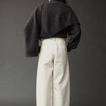 Photo 1
Mijeong Park Oversized Crewneck Sweater Charcoal styled with knit shawl and white wide leg pants, back view