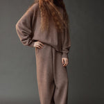 Mijeong Park Oversized Crewneck Sweater Dark Beige styled with matching wide leg knit pants at YUCCA Denver