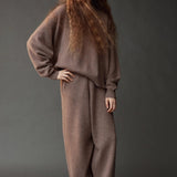 Mijeong Park Oversized Crewneck Sweater Dark Beige styled with matching wide leg knit pants at YUCCA Denver