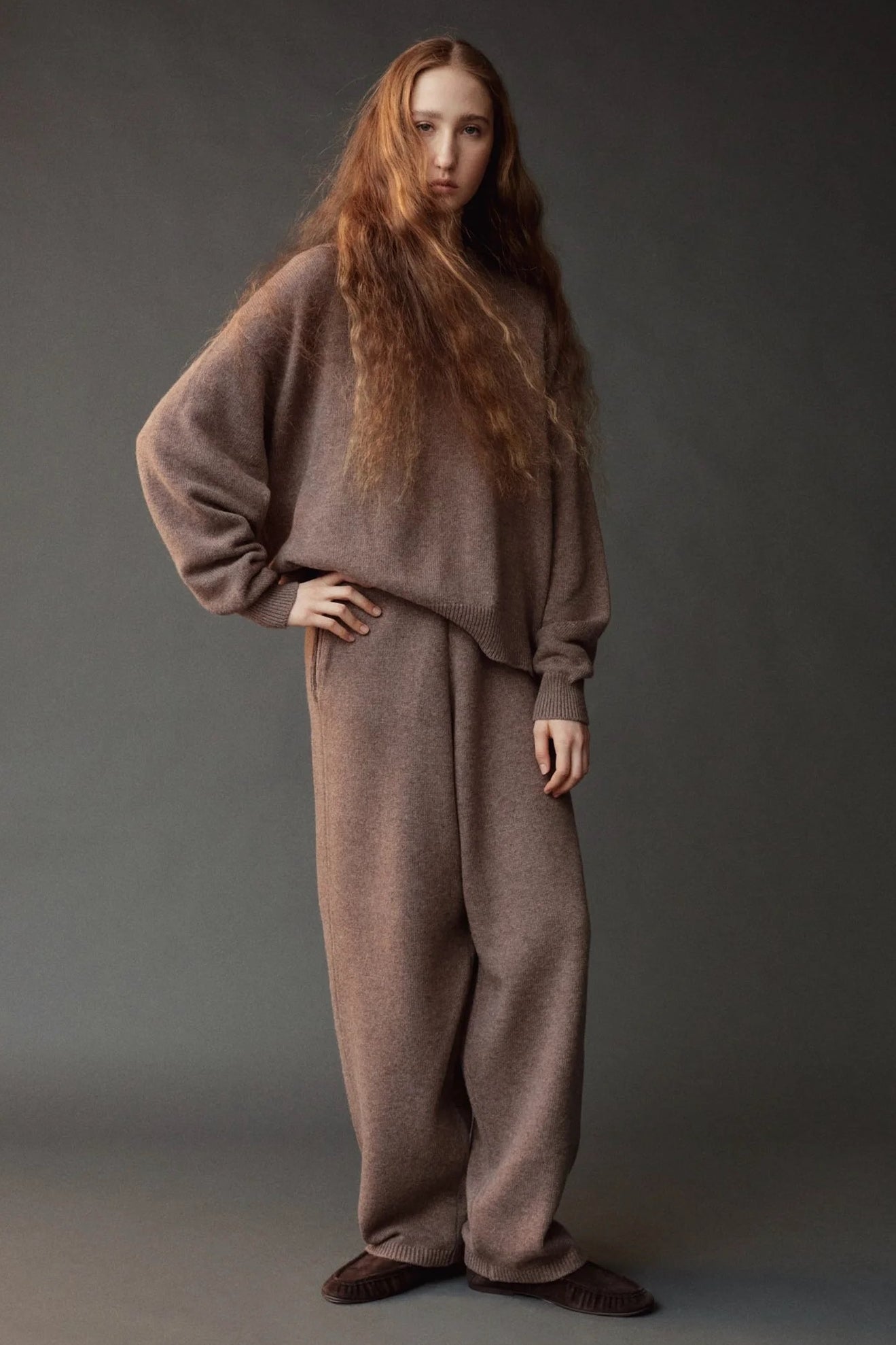 Mijeong Park Oversized Crewneck Sweater Dark Beige styled with matching wide leg knit pants at YUCCA Denver