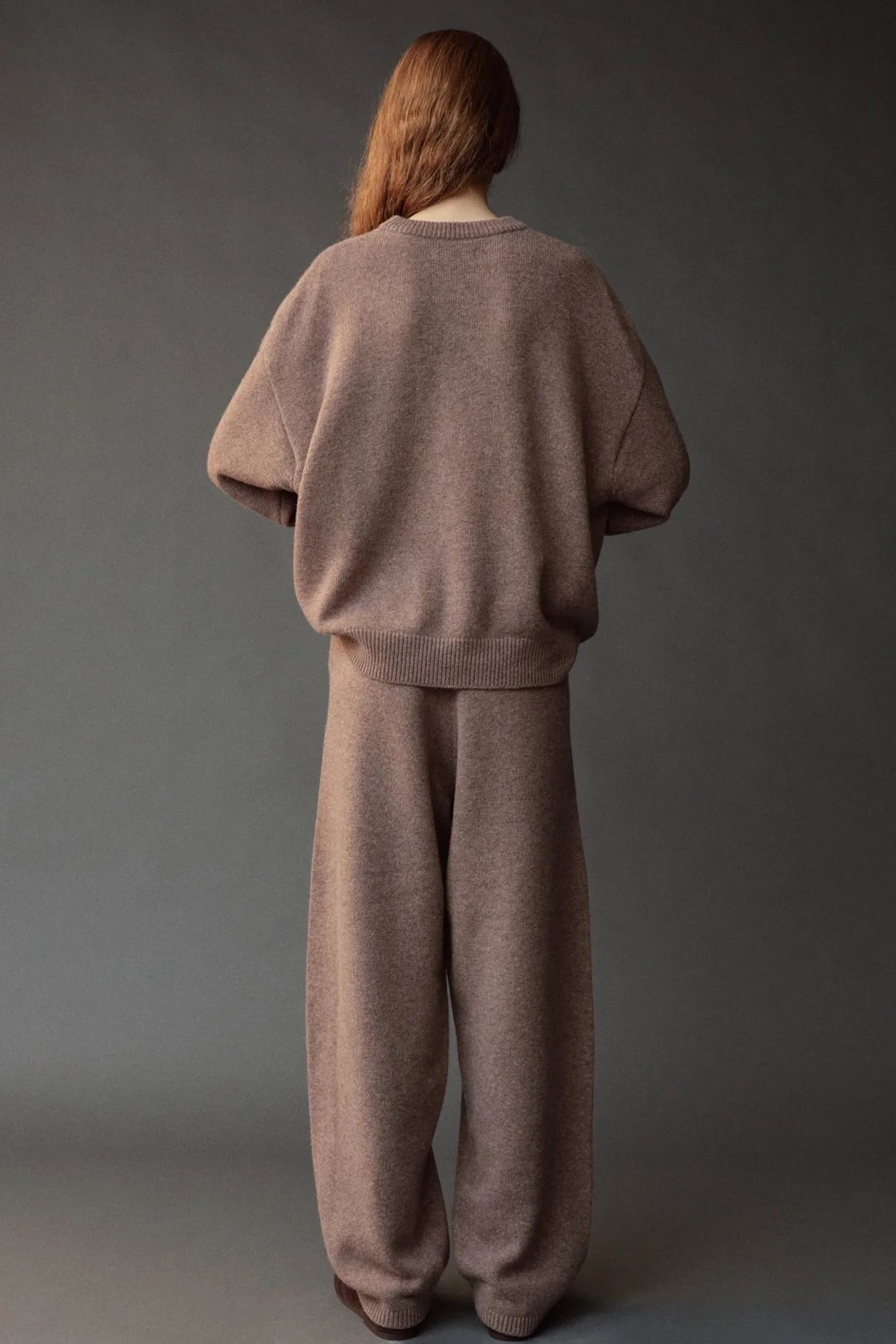 Mijeong Park Oversized Crewneck Sweater Dark Beige styled with matching knit pants, back view
