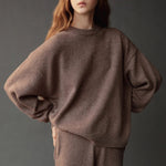 Mijeong Park Oversized Crewneck Sweater Dark Beige front view with dropped shoulders and relaxed silhouette