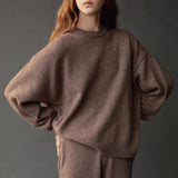 Mijeong Park Oversized Crewneck Sweater Dark Beige front view with dropped shoulders and relaxed silhouette
