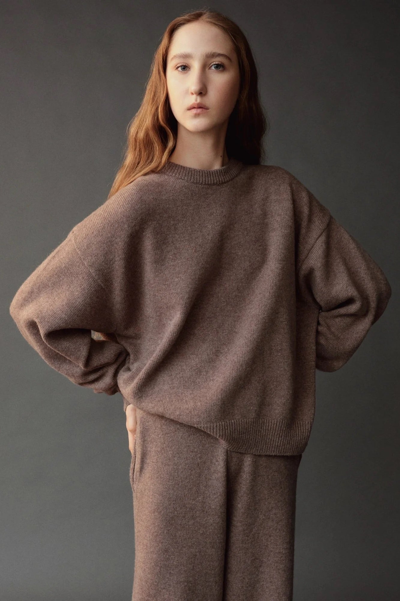 Mijeong Park Oversized Crewneck Sweater Dark Beige front view with dropped shoulders and relaxed silhouette