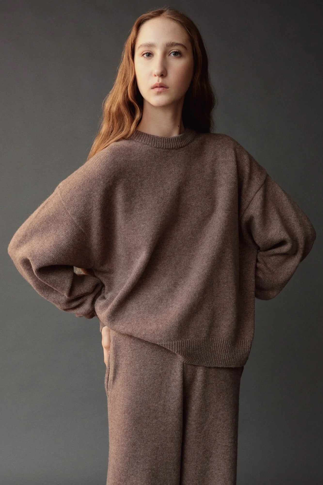Mijeong Park Oversized Crewneck Sweater Dark Beige front view with dropped shoulders and relaxed silhouette