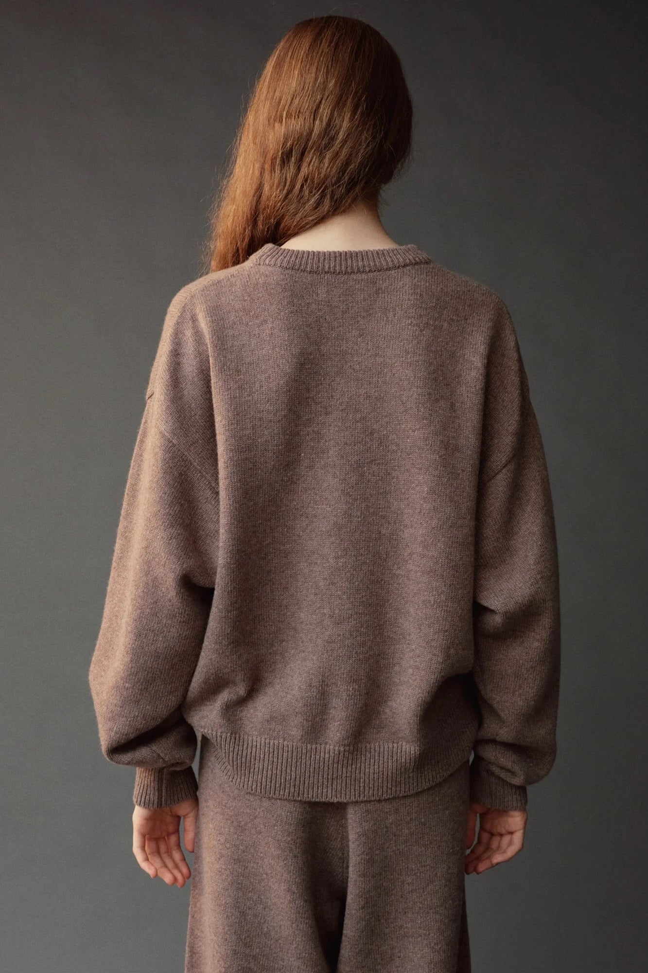 Mijeong Park Oversized Crewneck Sweater Dark Beige back view showing relaxed fit and ribbed trim