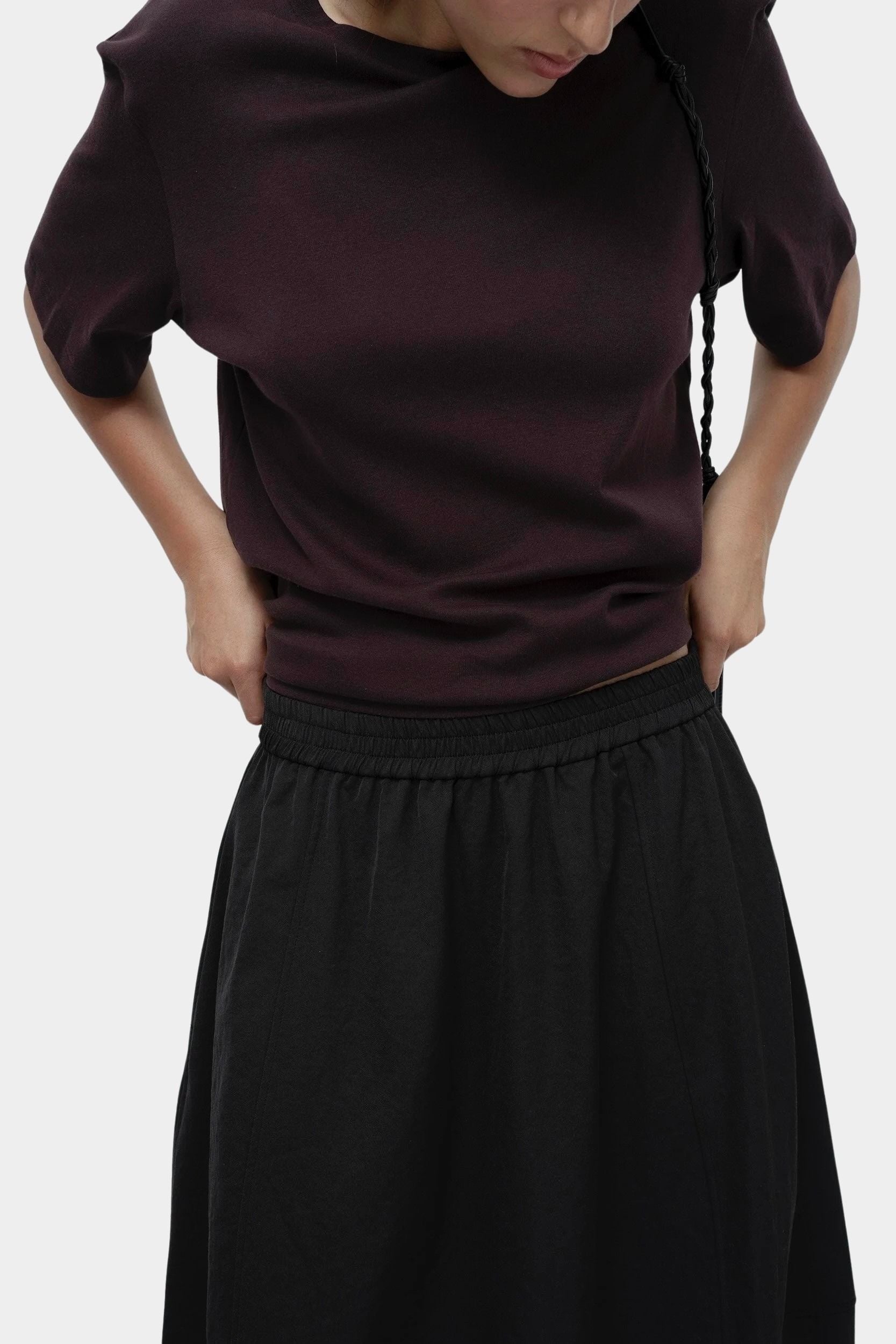 Mijeong Park oversized cotton t-shirt dark brown relaxed crewneck tee cropped detail soft cotton jersey knit
