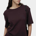 Mijeong Park oversized cotton t-shirt dark brown relaxed crewneck tee angled front view minimalist short sleeve knit top