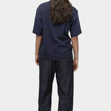 Mijeong Park navy oversized cotton t-shirt back view relaxed crewneck short sleeve tee with loose silhouette
