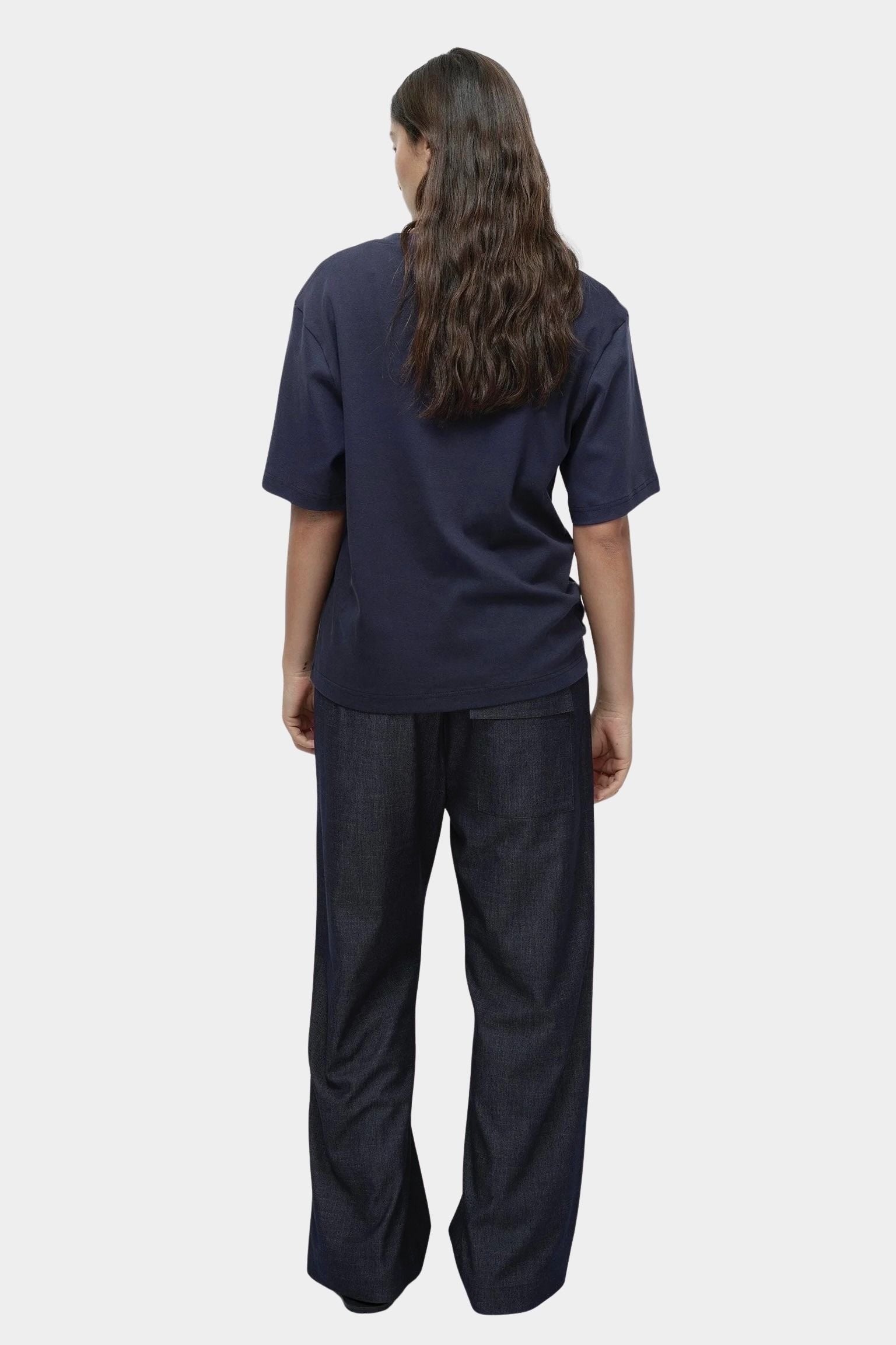 Mijeong Park navy oversized cotton t-shirt back view relaxed crewneck short sleeve tee with loose silhouette