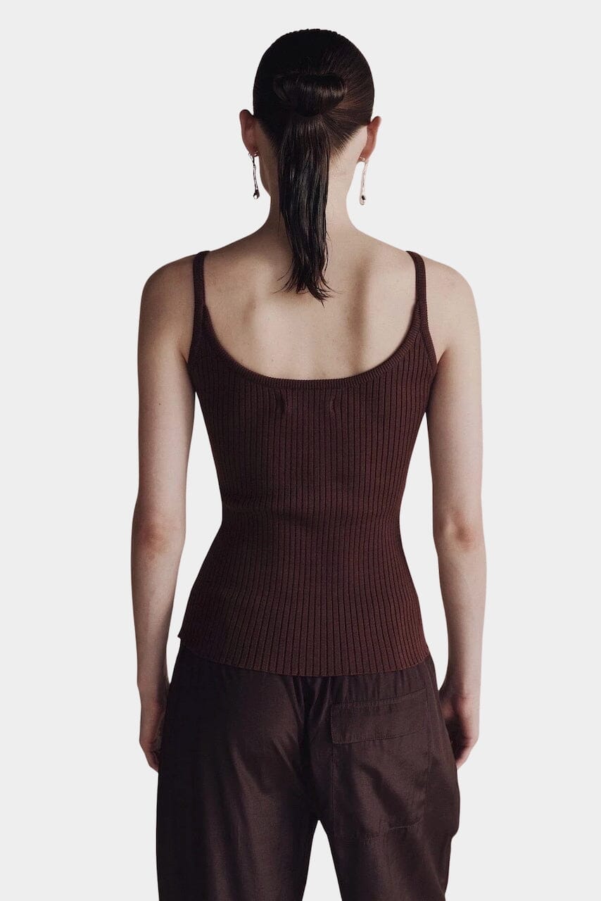 Brown ribbed knit tank top with scoop neckline by Mijeong Park