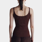 Brown ribbed knit tank top with scoop neckline by Mijeong Park