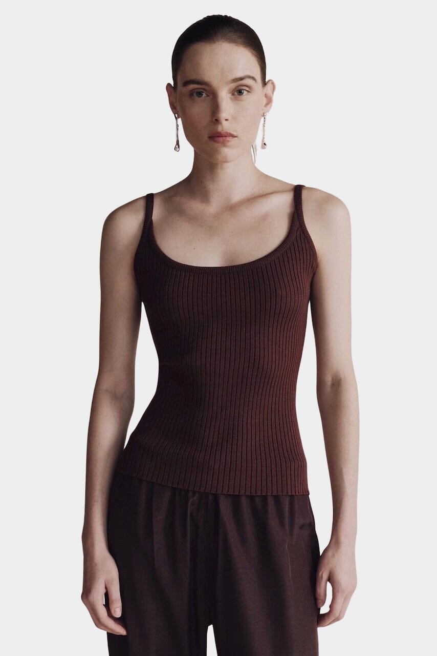 Brown ribbed knit tank top with scoop neckline by Mijeong Park