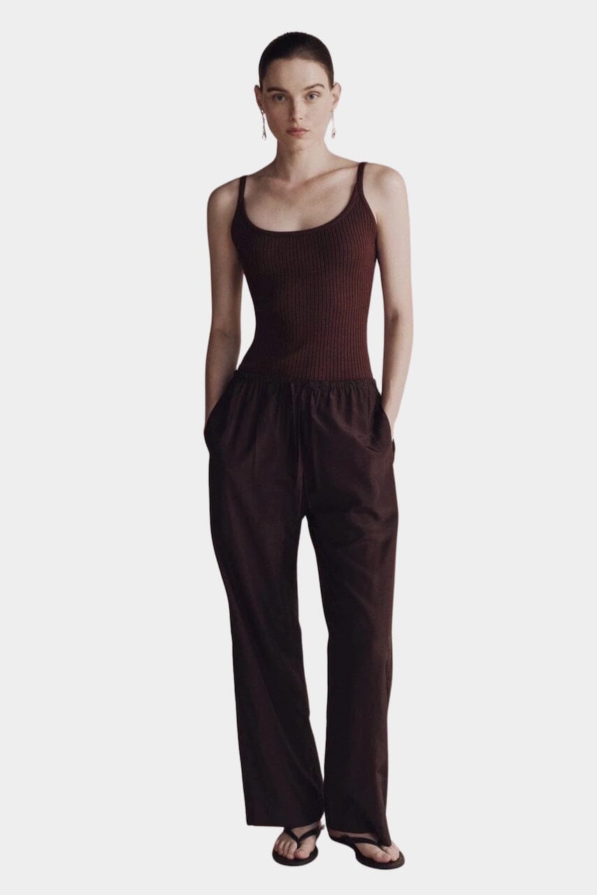 Brown ribbed knit tank top with scoop neckline by Mijeong Park