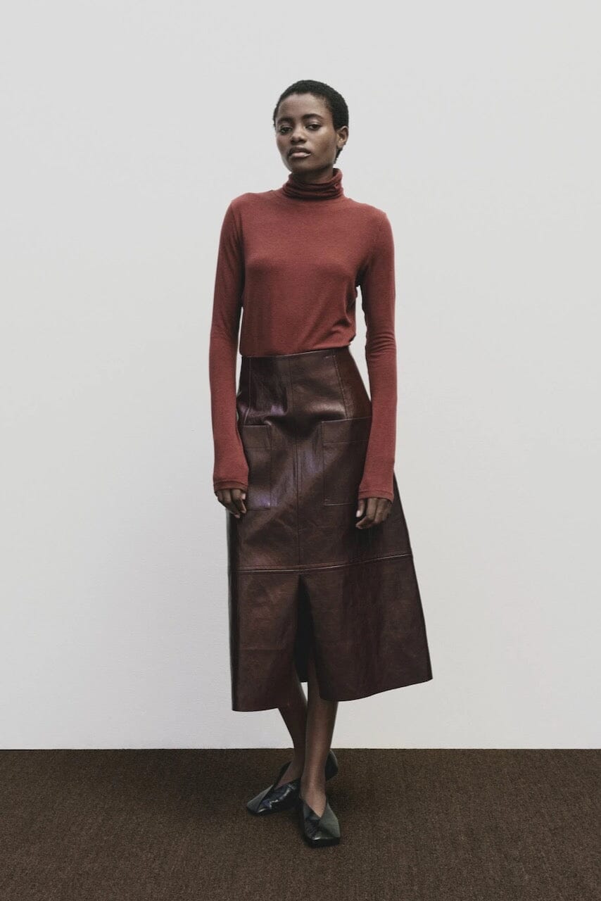 Burgundy slim fit roll neck jersey top in stretch Tencel cotton by Mijeong Park