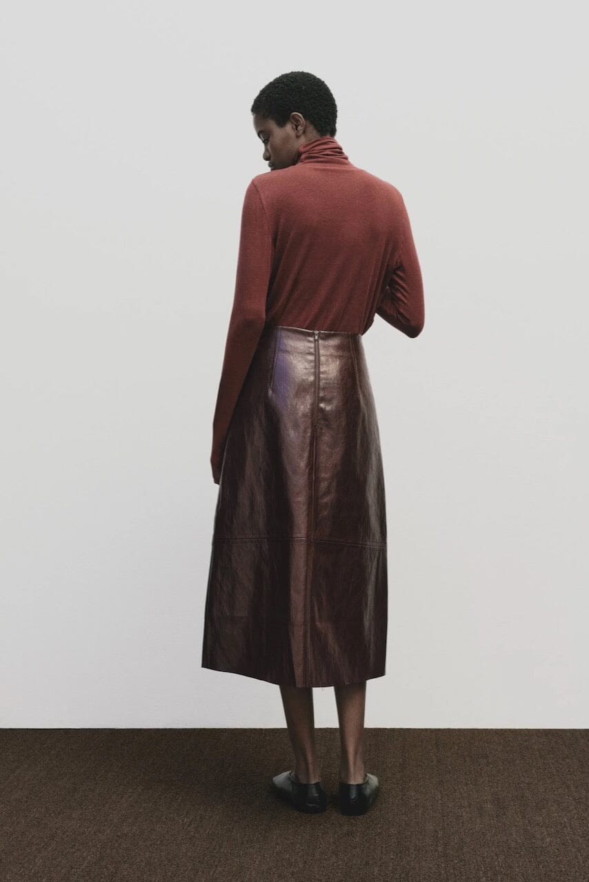 Burgundy slim fit roll neck jersey top in stretch Tencel cotton by Mijeong Park