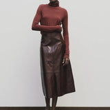 Burgundy slim fit roll neck jersey top in stretch Tencel cotton by Mijeong Park