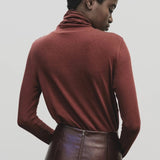 Burgundy slim fit roll neck jersey top in stretch Tencel cotton by Mijeong Park