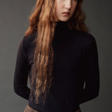 Close up of the dark navy roll neck jersey top showing its fitted silhouette.