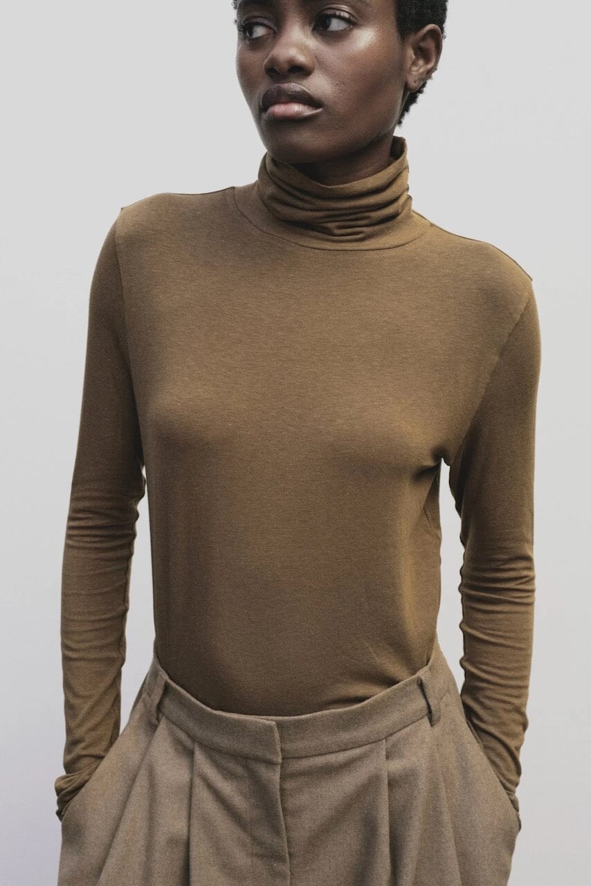 Mijeong Park - Roll Neck Jersey Top - Light Brown - Shirts & Tops - YUCCA, shop local Denver, women’s clothing boutique .