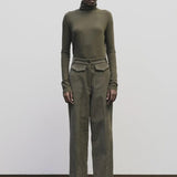Light olive slim fit roll neck jersey top in stretch knit by Mijeong Park