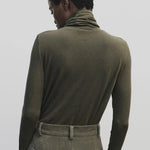 Light olive slim fit roll neck jersey top in stretch knit by Mijeong Park