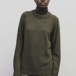 Light olive slim fit roll neck jersey top in stretch knit by Mijeong Park